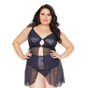 Scallop Stretch Lace & Mesh Front Closure Babydoll & High Waist Thong Black/Cobalt 1X/2X