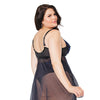 Scallop Stretch Lace & Mesh Front Closure Babydoll & High Waist Thong Black/Cobalt 1X/2X