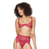 Scallop Stretch Lace Bra, Garter Belt & Thong Ruby SM