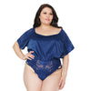 Stretch Satin & Scallop Stretch Lace Off the Shoulder Romper Navy OS/XL