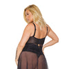 Scallop Stretch Lace & Sheer Mesh Babydoll & High Waist Thong Black 3X/4X
