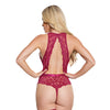 Scallop Stretch Lace Crotchless Teddy w/Lace Up Front Raspberry O/S