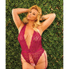 Scallop Stretch Lace Crotchless Teddy w/Lace Up Front Raspberry OS/XL