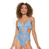Scallop Stretch Lace & Sheer Mesh Teddy w/Front V Cut Out Blue LG