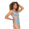 Scallop Stretch Lace & Sheer Mesh Teddy w/Front V Cut Out Blue LG