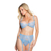 Scallop Stretch Lace & Sheer Mesh Bra, Garter Belt & Thong Blue LG