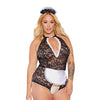 Scallop Stretch Lace Crotchless Maid Teddy w/Headpiece Black/White OS/XL