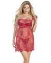 Lightly Padded Demi Cup & Fine Lace Skirt Babydoll & Adjustable Crotchless Panty - Merlot