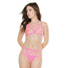 Play Darque Elastic Bra, Pasties, & Crotchless Panty Neon Pink O/S
