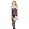 Sleek Seamless Stretch Net Cami Top w/Lace Print Detail & Attch. Stockings Black O/S
