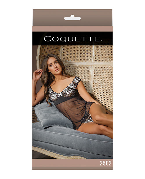 Classic Scallop Stretch Lace & Mesh Babydoll & G-String - Black/White