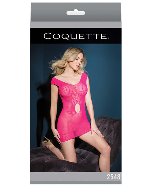 Sleek Seamless Stretch Fishnet Tank Dress w/Waist Keyhole Neon Pink O/S