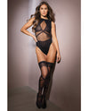 Sleek Sheer Nylon Opaque Print Sleeveless Teddy & Stockings Black O/S