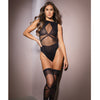 Sleek Sheer Nylon Opaque Print Sleeveless Teddy & Stockings Black O/S