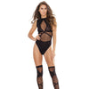 Sleek Sheer Nylon Opaque Print Sleeveless Teddy & Stockings Black O/S