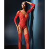 Sleek Seamless Stretch Net Long Sleeve Teddy w/Attch. Stockings Red O/S