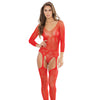 Sleek Seamless Stretch Net Long Sleeve Teddy w/Attch. Stockings Red O/S