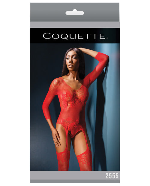 Sleek Seamless Stretch Net Long Sleeve Teddy w/Attch. Stockings Red O/S