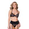 Holiday/Valentine Scallop Stretch Lace & Velvet Bra, Garter Belt & Thong Black XL
