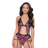 Holiday Knit Mesh Bralette, Garter Belt & Thong Red/Black O/S