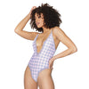 Crystal Pink Buffalo Check Print Deep V, Cage Back Panty Teddy Grey/Pink O/S