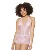 Crystal Pink Halter Crotchless Teddy Pink/Silver O/S
