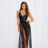 Stretch Lace Teddy & Sheer Mesh Maxi Skirt w/Adjustable Straps & G-String - Black
