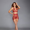 Floral Embroidery Halter Bralette, High Waisted Garter Skirt & G-String - Garnet