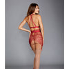 Floral Embroidery Halter Bralette, High Waisted Garter Skirt & G-String - Garnet