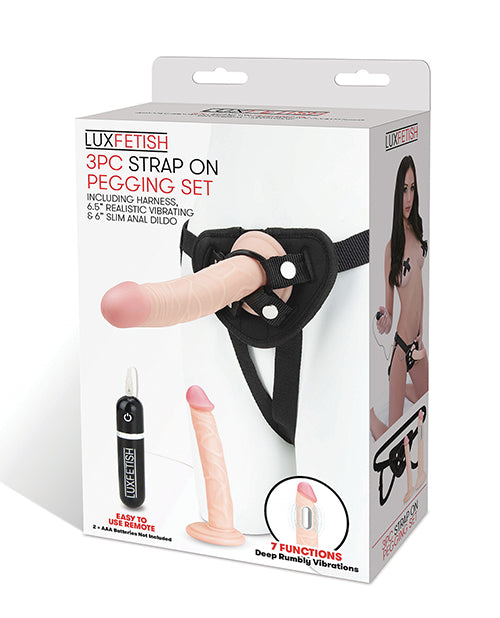 Lux Fetish Strap On Harness Pegging Set w/Vibrating & Slim Anal Dildo