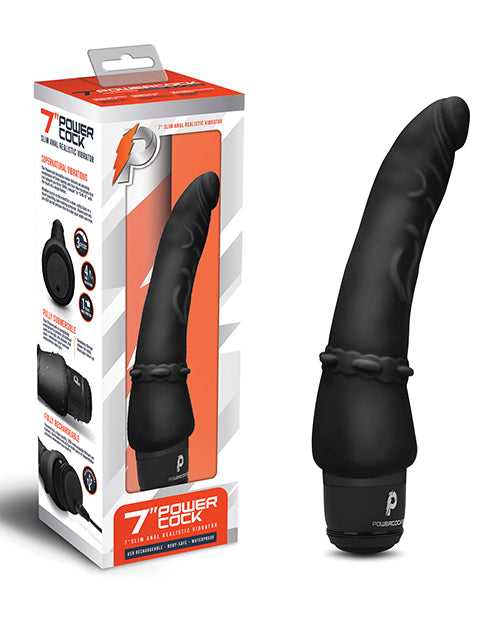 Powercocks 7" Slim Anal Realistic Vibrator - Black