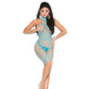 Vivace Crochet & Fishnet Halter Neck Mid Length Bodystocking Turquoise O/S