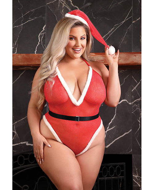 Play Holidazed Sheer Sparkle Mesh Teddy w/Faux Fur Trim, Belt & Santa Hat Red 3X/4X