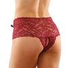 Bottoms Up Magnolia Stretch Lace Crotchless Panty w/Ribbon Lace Up Front Garnet S/M