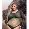 Vibes Fuck Ur Rules Long Sleeve Crop Top, Panty & Pasties Black/Green QN