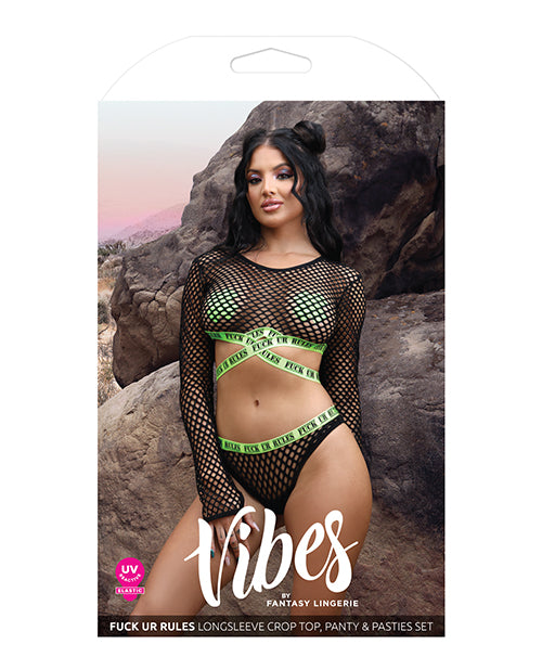 Vibes Fuck Ur Rules Long Sleeve Crop Top, Panty & Pasties Black/Green S/M