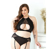 Curve Sadie Lace Overlay Keyhole Halter Top & Gartered Panty Black 1X/2X