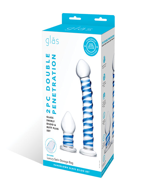 Glas 2 pc Double Penetration Glass Swirly Dildo & Buttplug Set - Clear