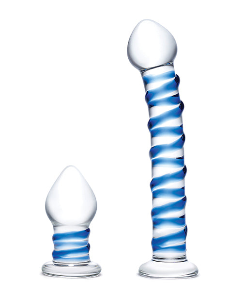 Glas 2 pc Double Penetration Glass Swirly Dildo & Buttplug Set - Clear