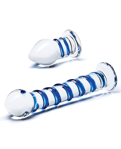 Glas 2 pc Double Penetration Glass Swirly Dildo & Buttplug Set - Clear