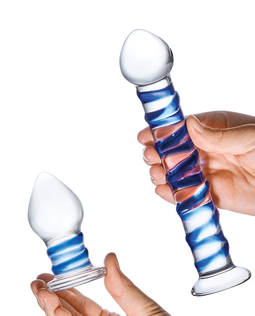 Glas 2 pc Double Penetration Glass Swirly Dildo & Buttplug Set - Clear