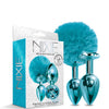 Nixie Metal Butt Plug Set w/Jewel Inlaid & Pom Pom - Blue Metallic