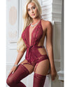 Plunging Halter Teddy w/Stockings - Magenta Purple O/S
