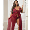 Empire Waist Laced Sheer Long Dress & Panty Mulled Wine QN