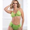 Laced Up Halter Bra w/Heart Charm, High Waist Panty & Stockings Neon Kiwi O/S