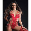 Embroidered Lace Strappy Garter Teddy & Stockings Candy Red O/S