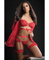 Lace Mini Robe, Bra Lingerie & Hiphugger Garter Belt Candy Red O/S