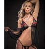 Open Front Clasp Babydoll, Crotchless Garter Thong & Stockings Black O/S