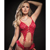 Strappy Frise Crotchless Garter Teddy & Stockings Red O/S