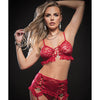 Laced Bra, Garter Skirt, Thong & Stockings Red O/S